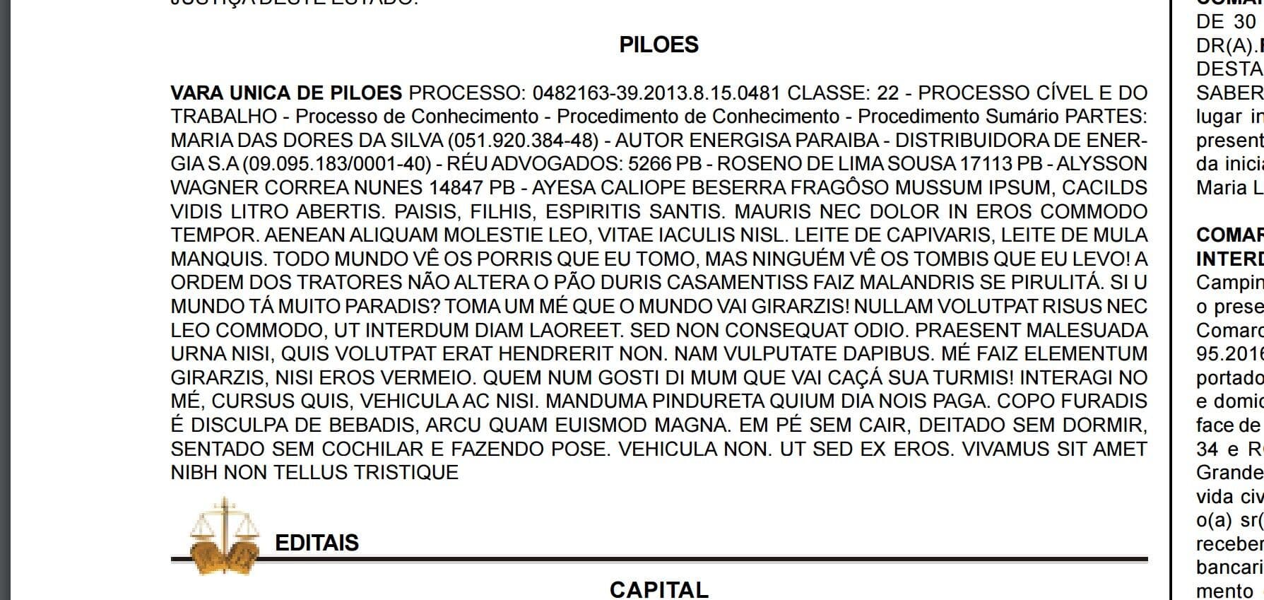 Diário da Justiça da Paraíba vira comédia pastelão e intima Cacilds Vidis Litro Abertis, Leite de Capivaris, Leite de Mula Manca