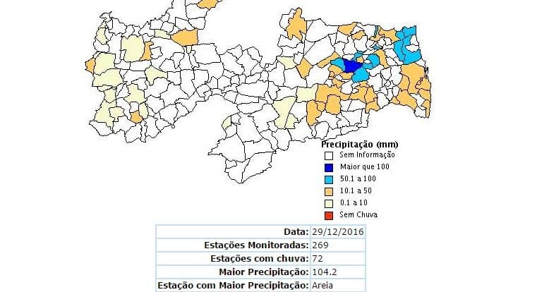 Choveu em 72 municípios da paraíbanos; Areia registra maior índice pluviométrico