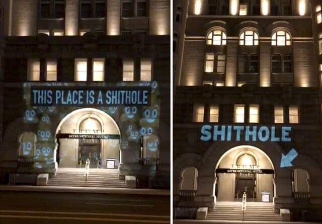 Ativistas projetam 'lugar de merda' na fachada de hotel de Trump nos EUA