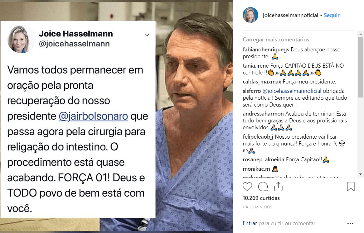 Após 7 horas de cirurgia, Joice Hasselmann pede orações para Jair Bolsonaro