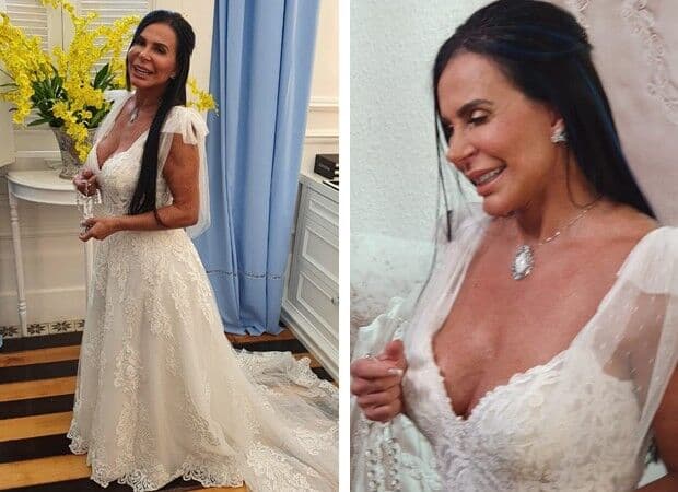 Gretchen se casa com vestido de alta-costura espanhol e joias de diamante