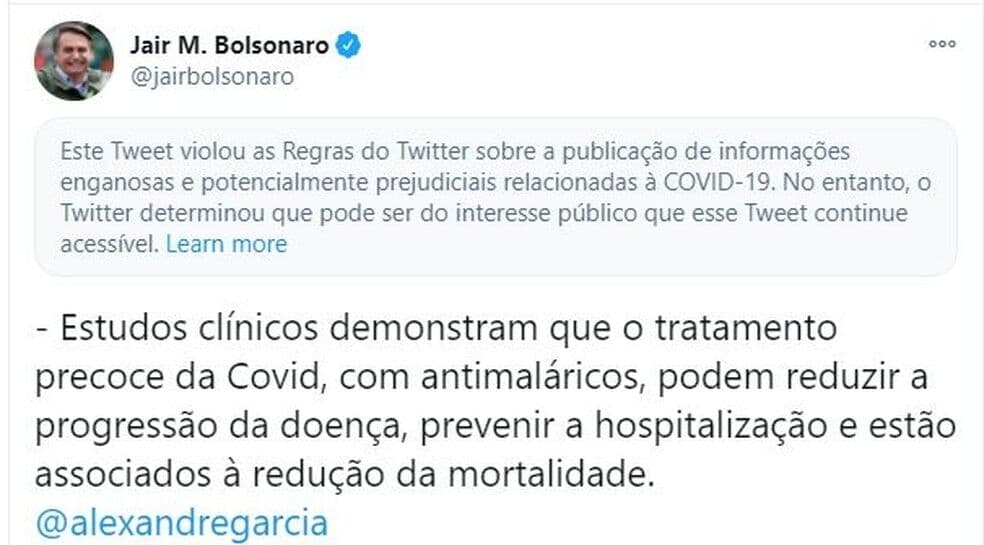 Twitter diz que post de Bolsonaro é enganoso e viola regras da plataforma