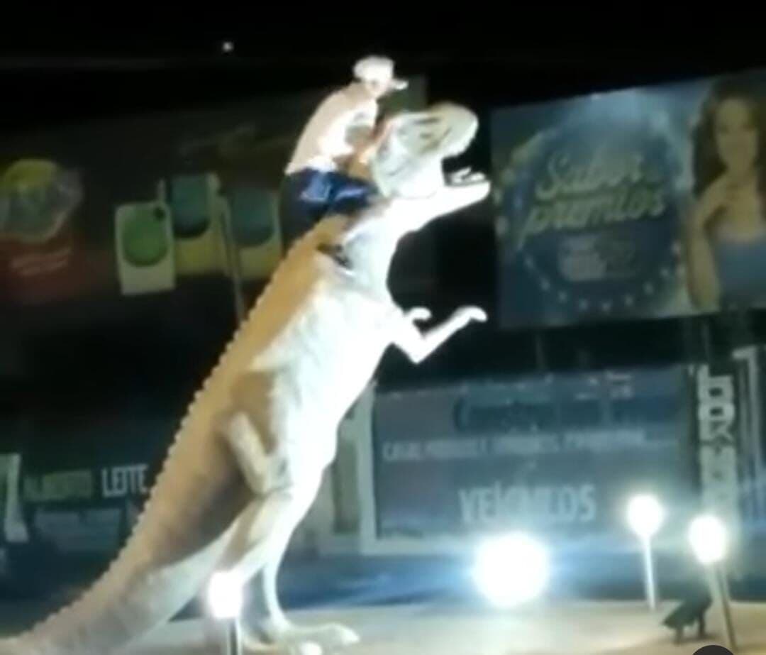 Homem sobe em estátua de dinossauro no município de Sousa para fotografia, cai ao descer e é levado ao hospital