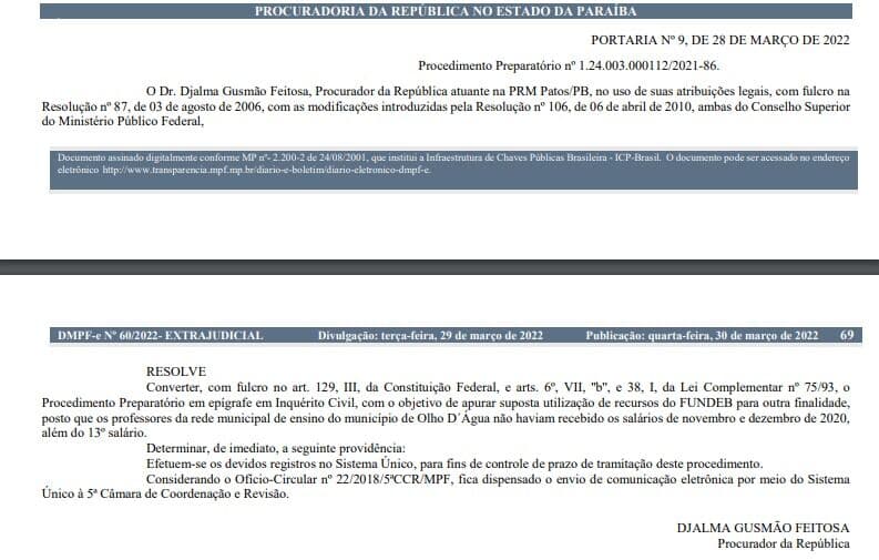 MPF abre inquérito para investigar utilização irregular de recursos do Fundeb em cidade da Paraíba