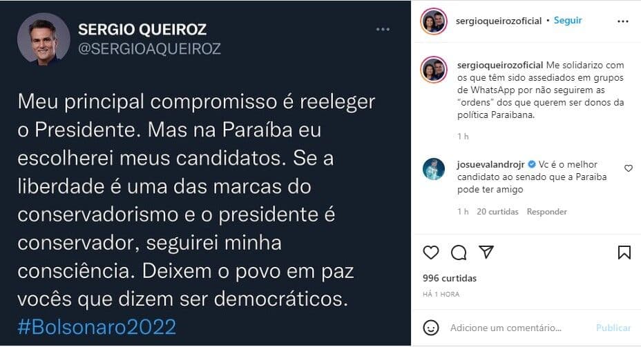 Pastor Sérgio Queiroz ratifica apoio a Bolsonaro e critica "assédio" aos que não seguem "'ordens' dos que querem ser donos da política Paraibana"