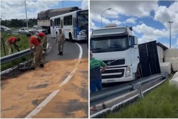 Carreta que transportava algodão tomba na BR-230 e interrompe trânsito nas Três Lagoas na entrada João Pessoa