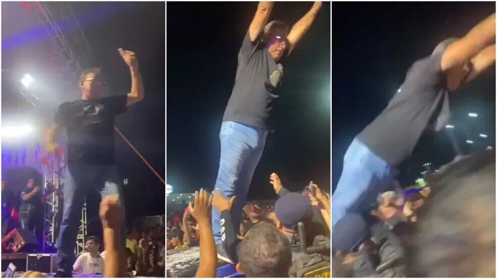 Prefeito cearense se empolga em festa e se joga na plateia, mas cai no chão
