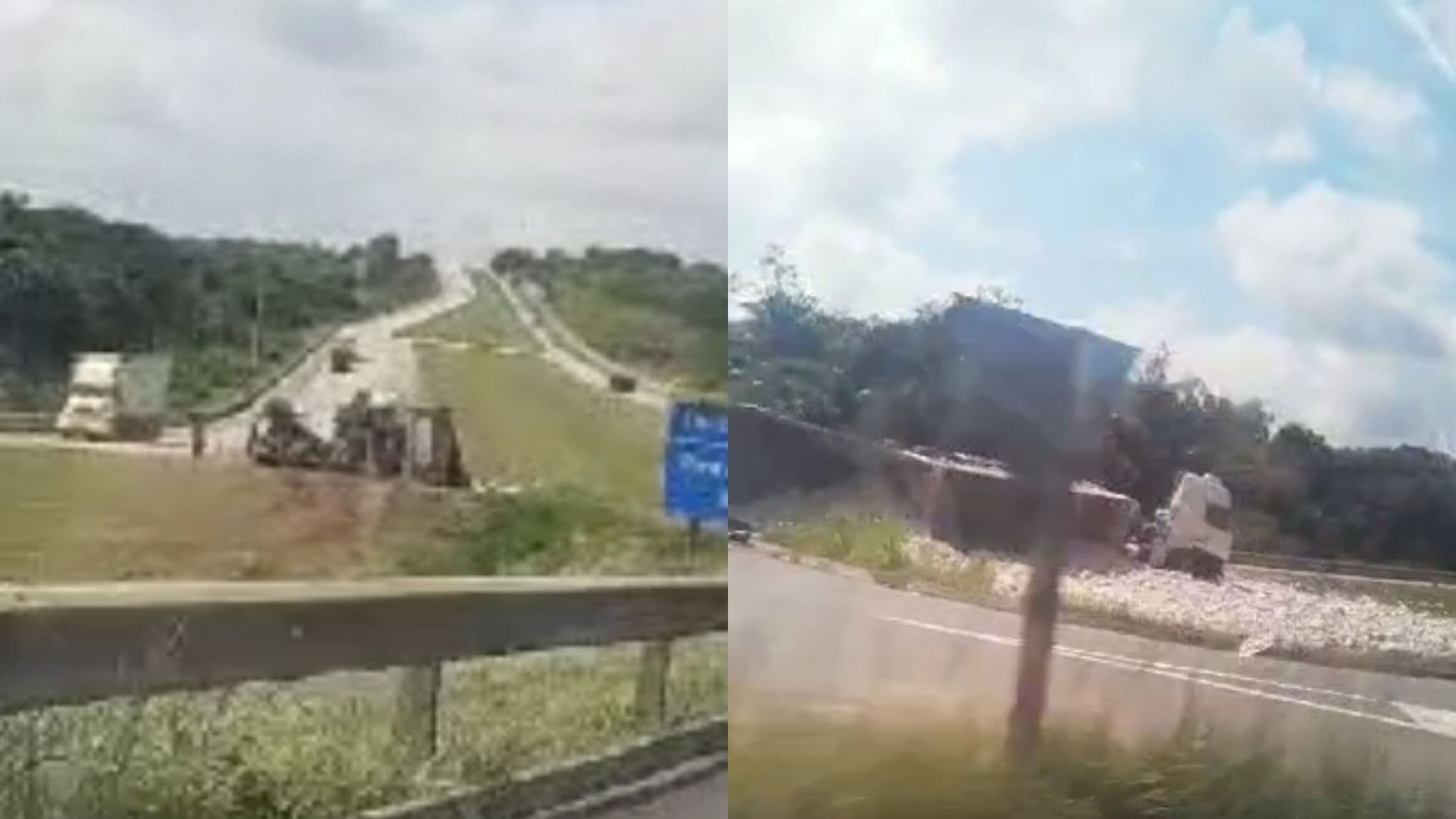 VÍDEO: caminhão carregado de pedras calcário tomba em trecho da BR-101 Sul, na Paraíba