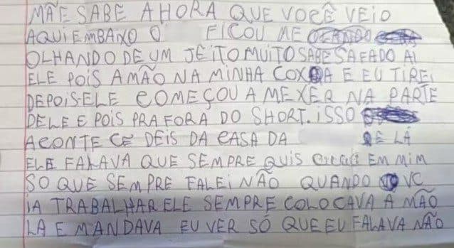 Criança de 9 anos escreve carta para mãe denunciando assédios do padrasto
