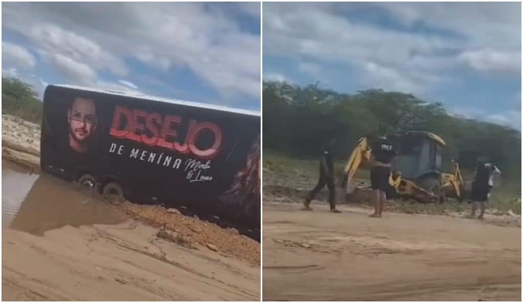 VÍDEO: ônibus da banda Desejo de Menina atola em estrada da Paraíba; trator tenta ajudar e também fica atolado
