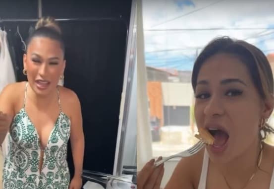 Simone Mendes elogia e "se esbalda" em galinha caipira servida no camarim em Uiraúna, na Paraíba: "muito gostosa"