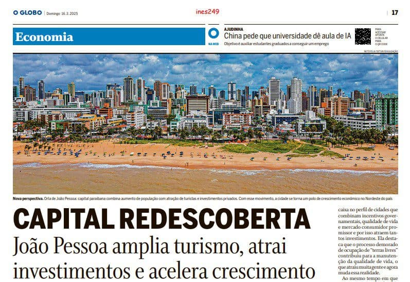 João Pessoa é chamada de "nova joia da coroa no Nordeste" em matéria na capa do Jornal O Globo