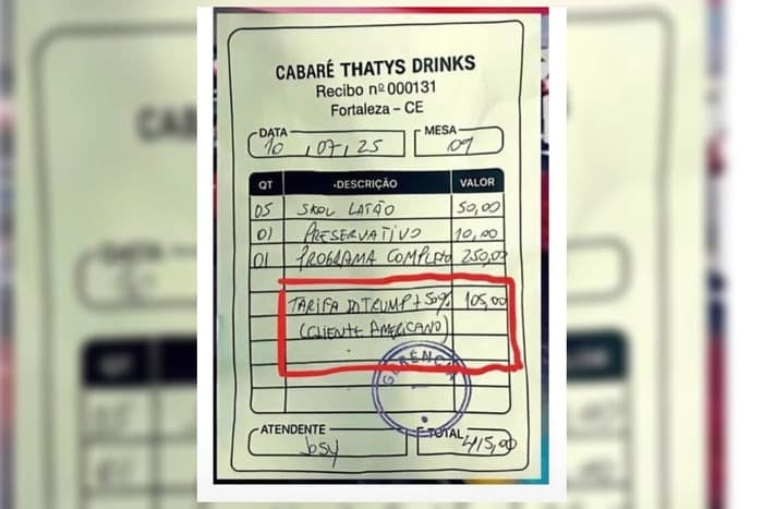 Cabaré cobra 'tarifa do Trump' e foto do recibo viraliza nas redes