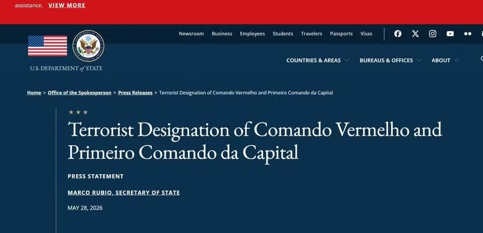Classificação do PCC e CV como organizações terroristas pelos Estados Unidos passa a valer nesta sexta-feira