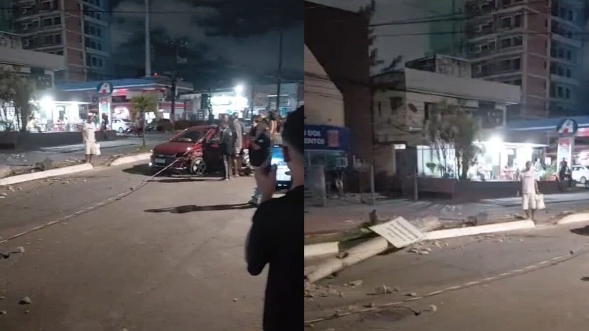 Carro colide e derruba poste na avenida principal dos Bancários