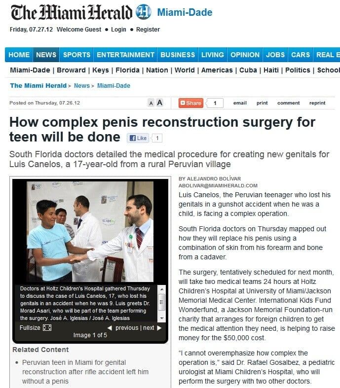 Jovem peruano terá pênis refeito após tiro