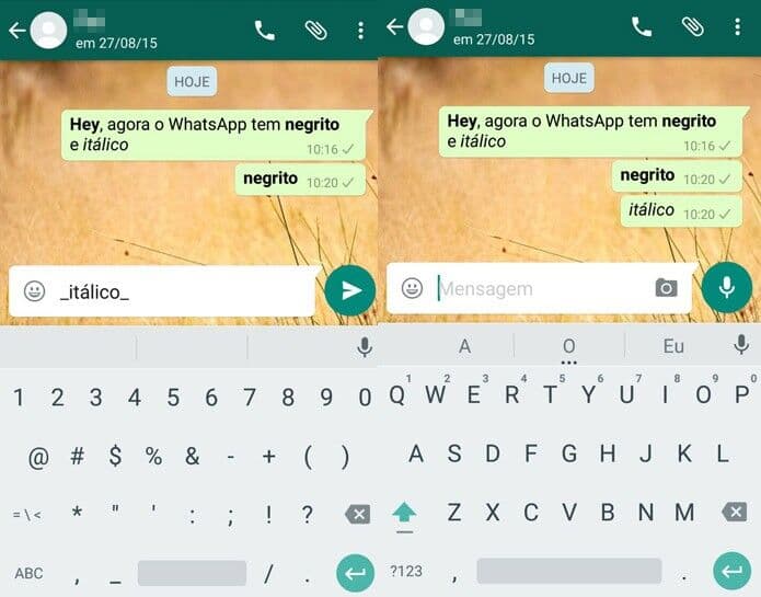 WhatsApp permite texto riscado, negrito e itálico