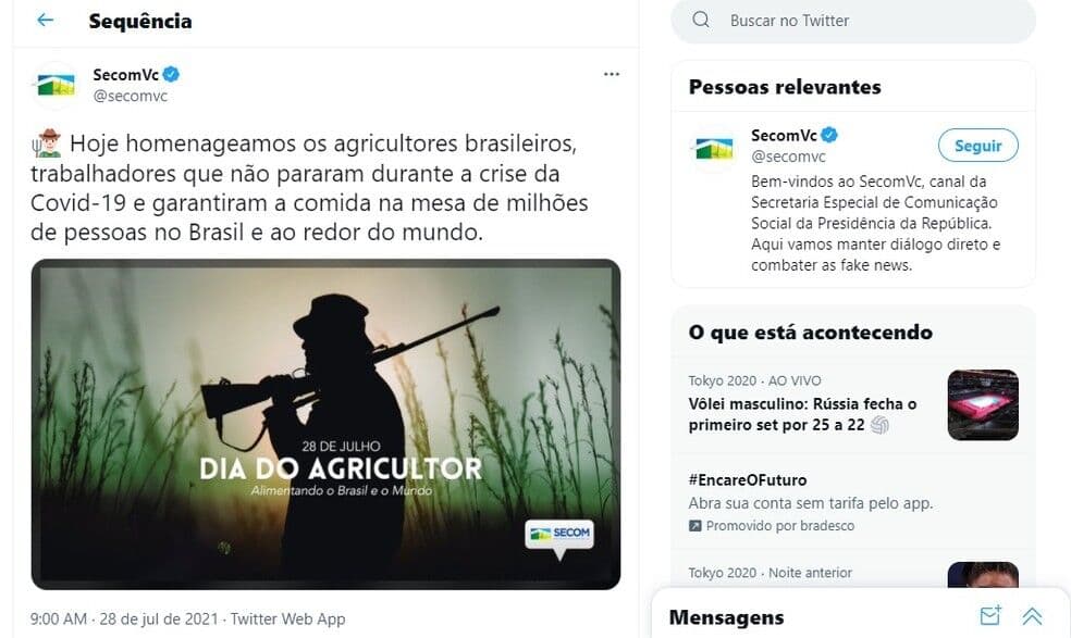 Governo Bolsonaro publica foto de homem armado para parabenizar o Dia do Agricultor