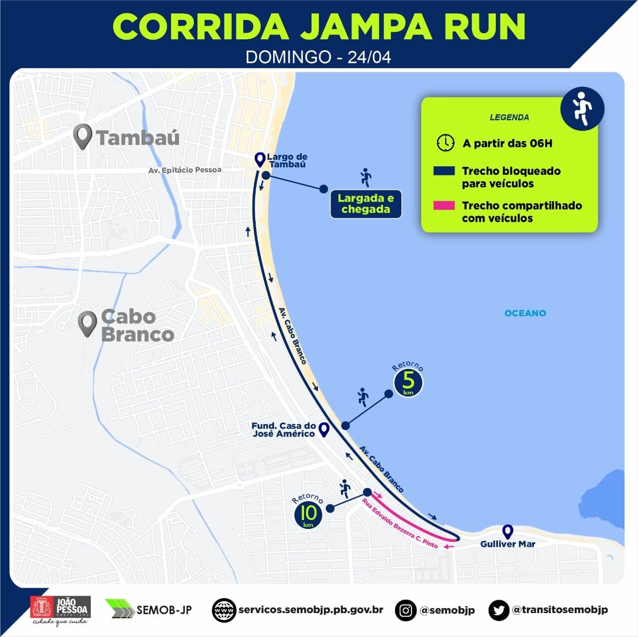 Trânsito na orla do Cabo Branco terá esquema alterado para corrida de rua neste domingo