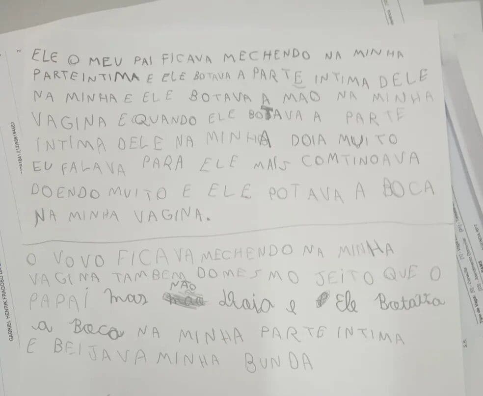 Em carta, criança de 9 anos relata ter sido estuprada pelo pai e avô: 'Doía muito, mas ele continuava'