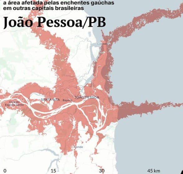 Projeção mostra que enchente que atinge Porto Alegre deixaria João Pessoa, Cabedelo, Santa Rita e Bayeux 'submersas'; veja