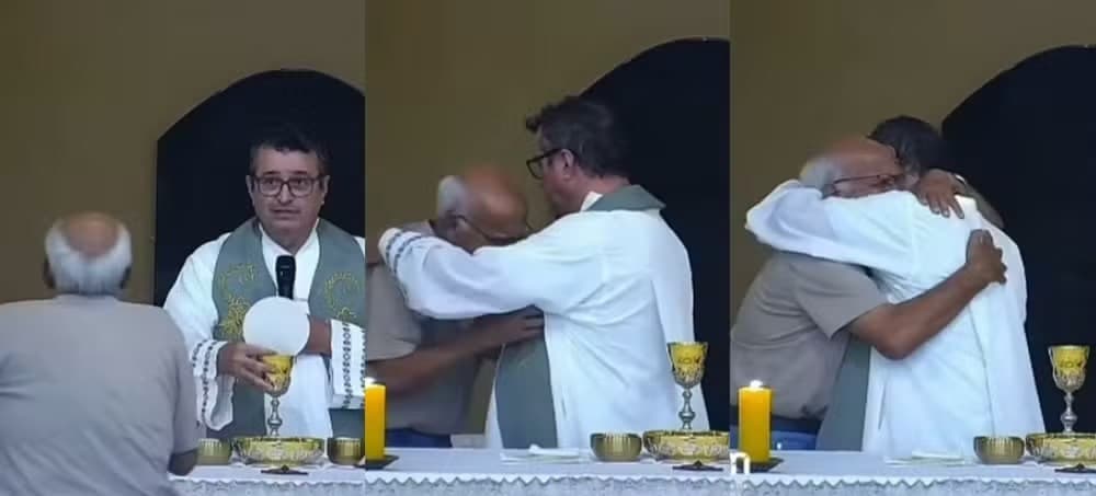 Avô perde neto, sobe em altar durante missa e abraça padre emocionado; veja vídeo