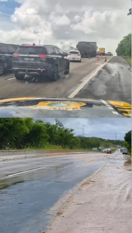 Lama invade trecho da BR-101 e PRF interdita uma das faixas da pista sentido Recife João Pessoa