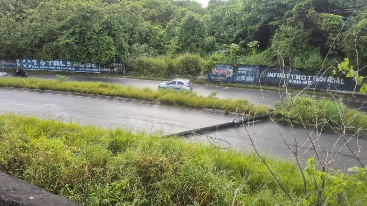 Poste cai e bloqueia fluxo para Acesso Oeste próximo a viaduto na Avenida Sanhauá