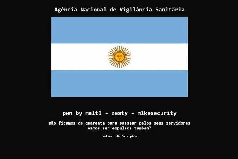 Anvisa tem página hackeada com bandeira da Argentina