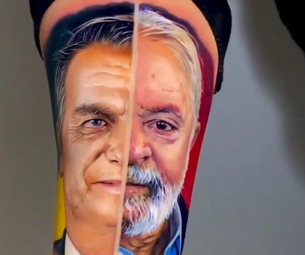 Morador de SP faz tatuagem com rostos de Lula e Bolsonaro Morador de SP faz tatuagem com rostos de Lula e Bolsonaro