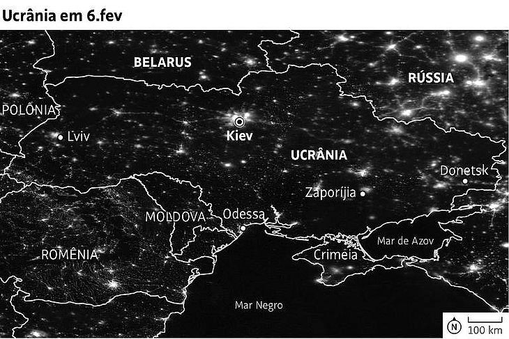 Satélite mostra 'apagão' na Ucrânia após invasão russa Satélite mostra 'apagão' na Ucrânia após invasão russa