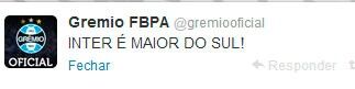 Twitter oficial do Grêmio é hackeado e elogia rival: 'Inter é o maior do Sul' Twitter oficial do Grêmio é hackeado e elogia rival: 'Inter é o maior do Sul'