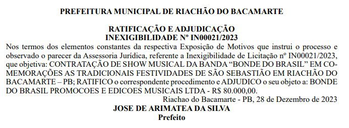 Prefeitura de Riachão do Bacamarte vai torrar R$ 335 mil em shows na Festa de São Sebastião