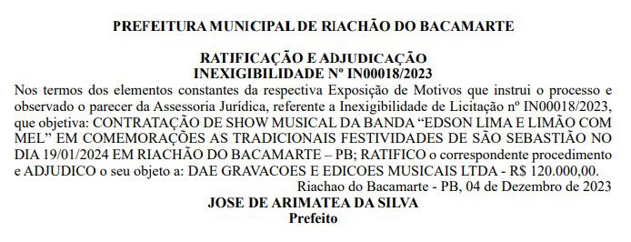 Prefeitura de Riachão do Bacamarte vai torrar R$ 335 mil em shows na Festa de São Sebastião