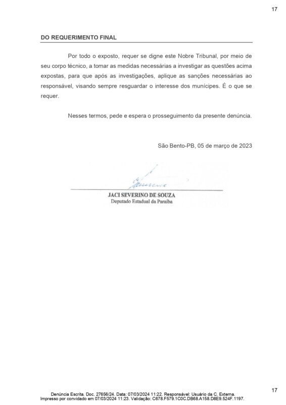 Tribunal de Contas investiga prefeito de São Bento por acúmulo indevido de remunerações após denúncia do deputado Galego Souza