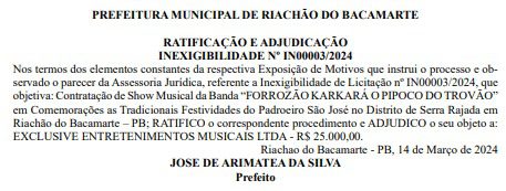 Prefeitura de Riachão do Bacamarte torra mais de R$ 220 mil com shows da festa de emancipação política