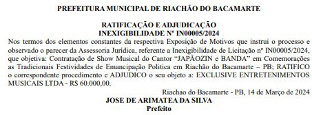 Prefeitura de Riachão do Bacamarte torra mais de R$ 220 mil com shows da festa de emancipação política