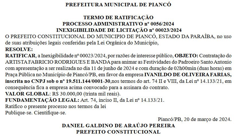 Prefeitura de Piancó vai torrar mais de R$ 1 milhão com shows da festa de Santo Antônio