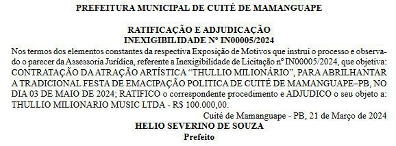 Prefeitura de Cuité de Mamanguape 'amplia' gastos e contrata mais de R$ 700 mil em shows