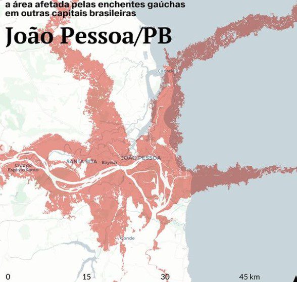 Projeção mostra que enchente que atinge Porto Alegre deixaria João Pessoa, Cabedelo, Santa Rita e Bayeux 'submersas'; veja