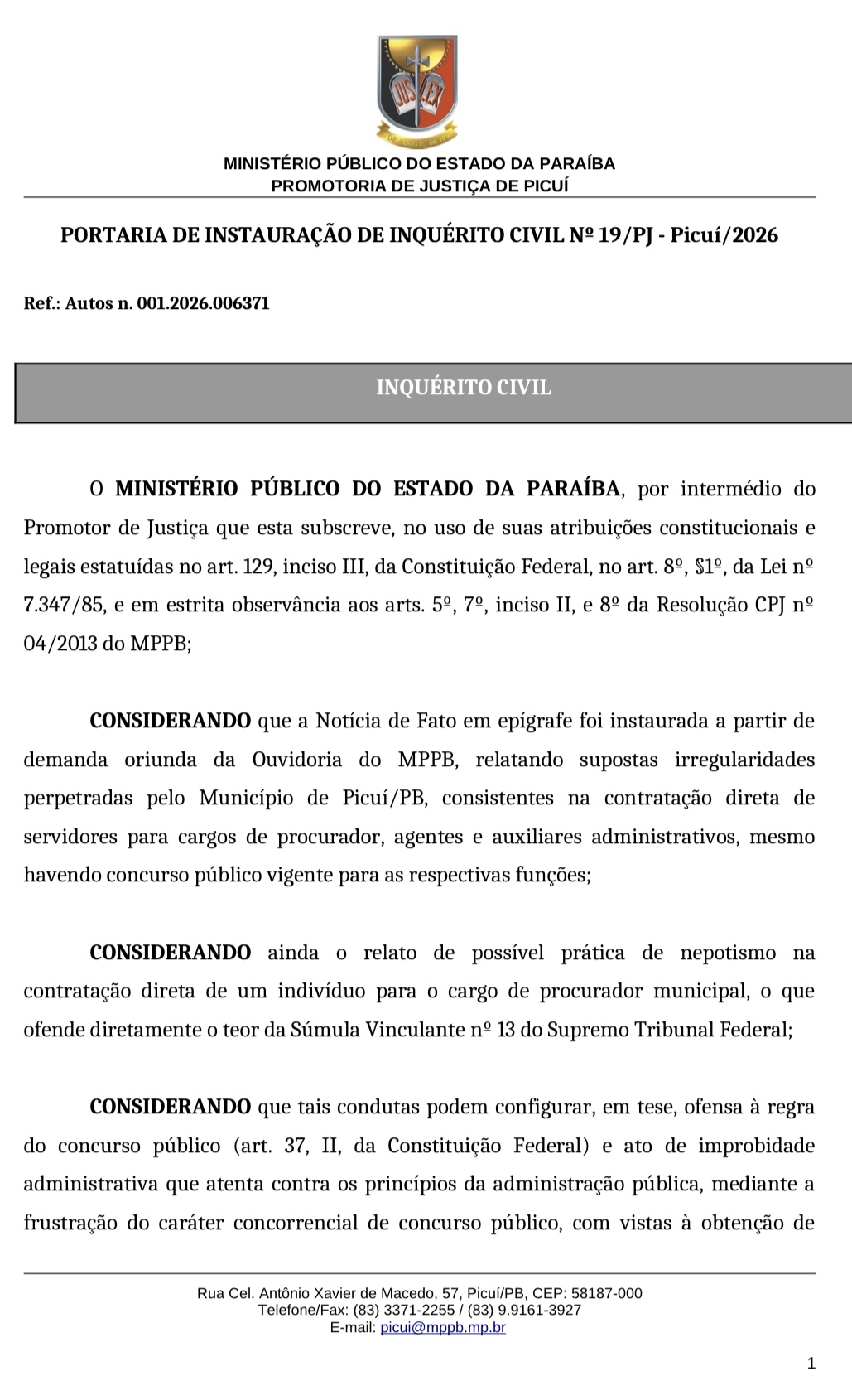 MPPB apura contratações realizadas pela Prefeitura de Picuí fora de concurso público vigente